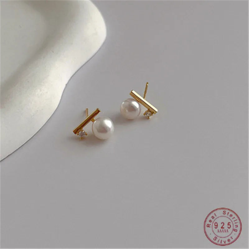 925 Silver Pearl Zircon Stud Earrings for Women Girl