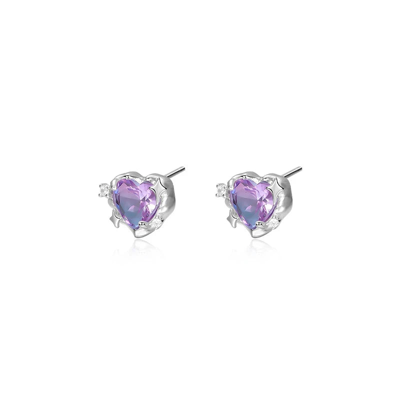 925 Silver Crystal Heart Stud Earrings Light Zircon Party Jewelry