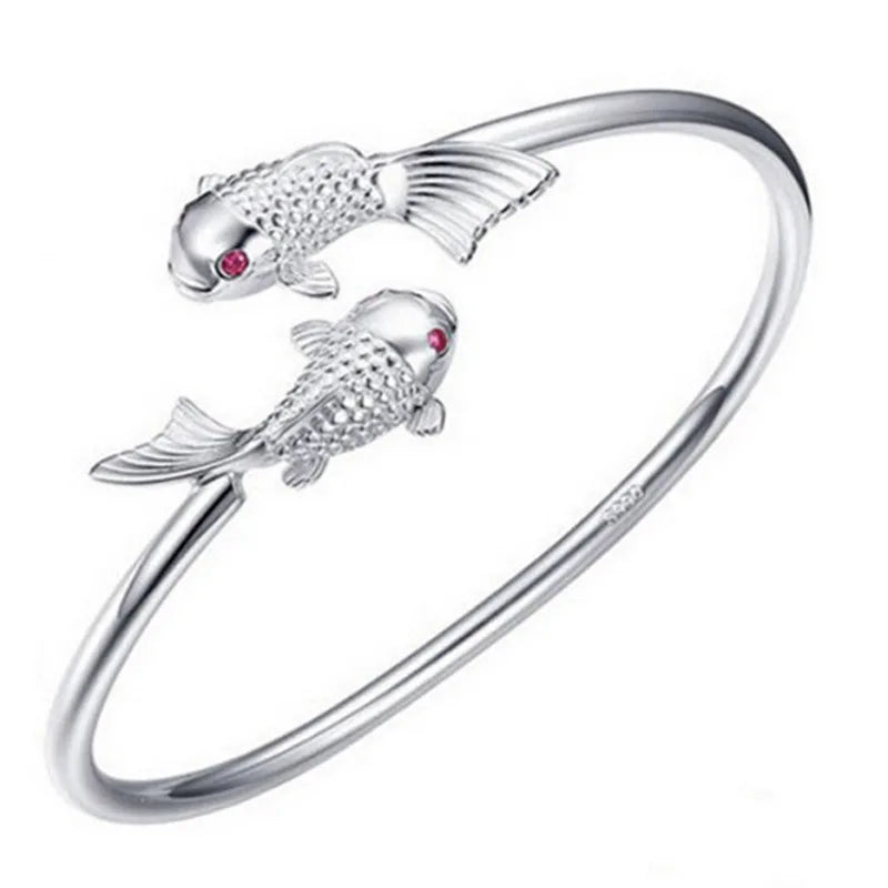 925 Silver Fish Bracelet Retro Unique Distressed Open Punk Jewelry