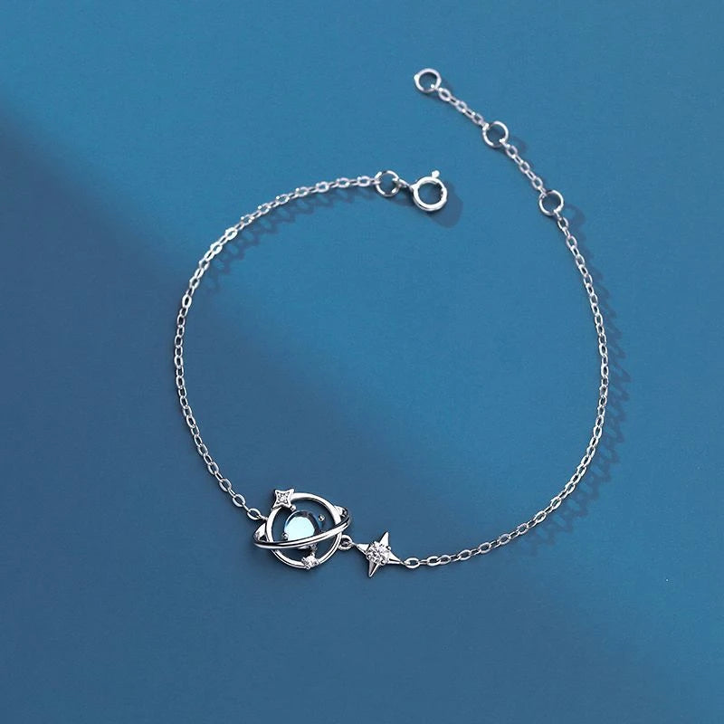 925 Silver Moonstone Planet Bracelet Zircon Star Jewelry Gift