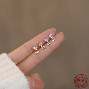 925 Silver Pink Zircon Tulip Stud Earrings Wedding Party Jewelry Gift