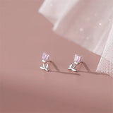 925 Silver Pink Zircon Tulip Stud Earrings Wedding Party Jewelry Gift