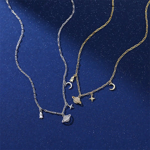 925 Silver Planet Pendant Necklace Rocket Star Moon Tassel Necklace