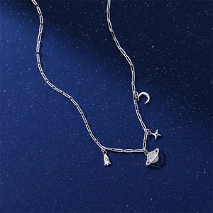 925 Silver Planet Pendant Necklace Rocket Star Moon Tassel Necklace