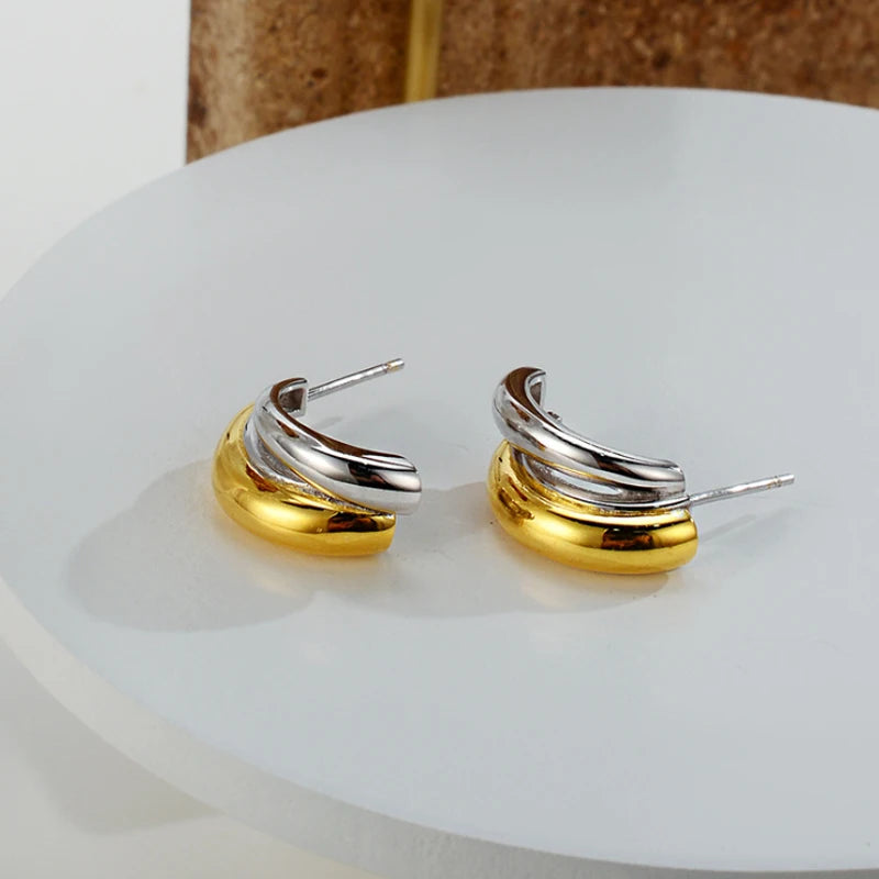 925 Sterling Silver Double-Colors Stud Earrings Arc-Shaped Fine Jewelry