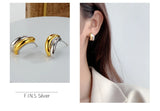 925 Sterling Silver Double-Colors Stud Earrings Arc-Shaped Fine Jewelry