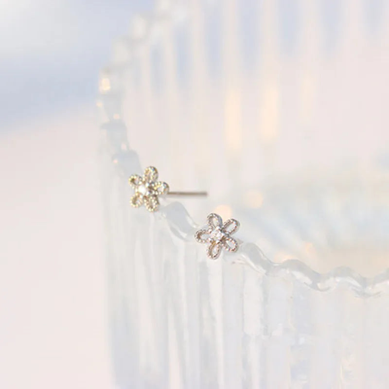 925 Silver Sweet Hollow Flowers Zircon Earrings for Women