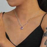 925 Silver Pink Heart Crystal Pendant Necklace Zircon Stars Choker