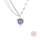 925 Silver Pink Heart Crystal Pendant Necklace Zircon Stars Choker