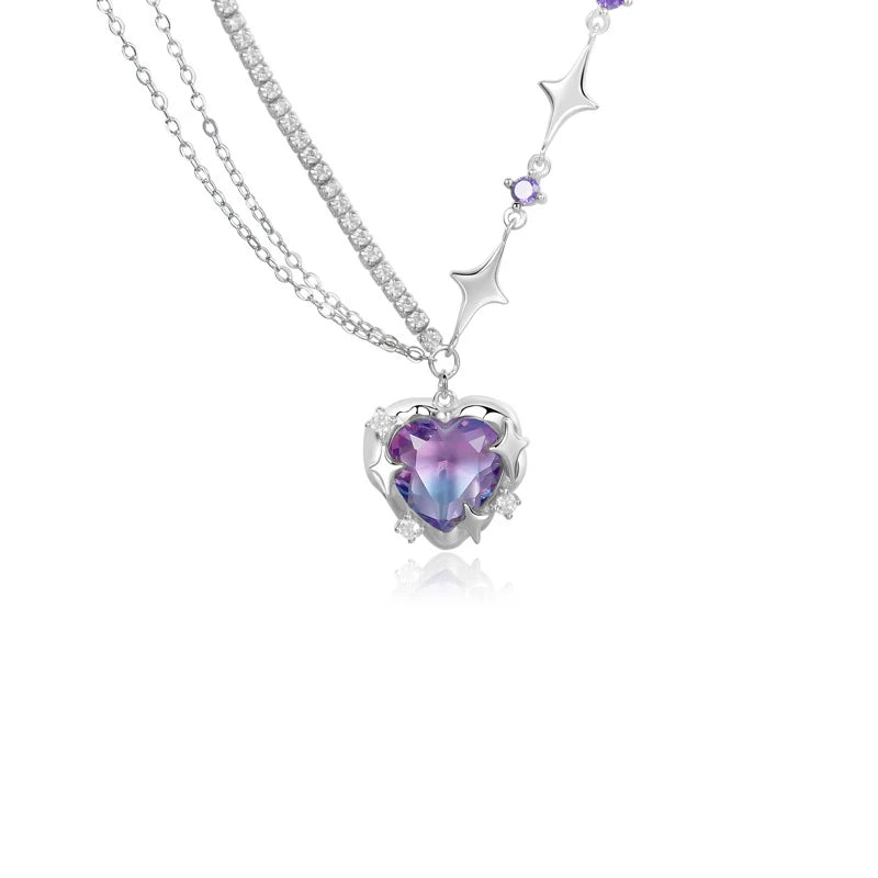 925 Silver Pink Heart Crystal Pendant Necklace Zircon Stars Choker