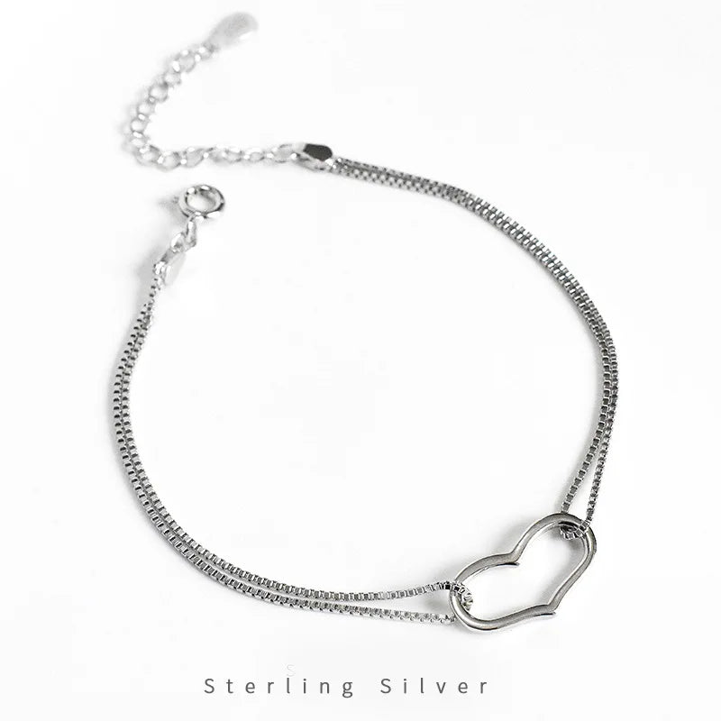 925 Silver Abstract Heart Chain Double Layer Bracelet Women