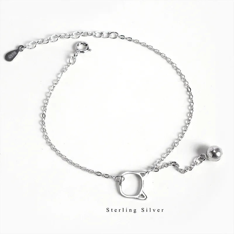925 Sterling Silver Cat Bell Chain Bracelet Women Sweet Temperament