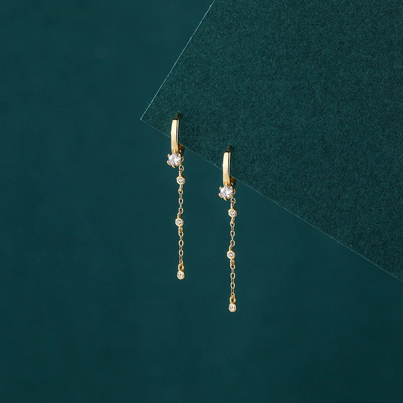 925 Silver Zircon Tassel Hoop Earrings Classic Jewelry