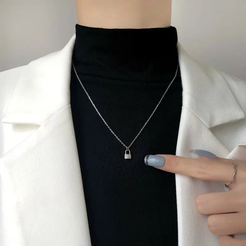 925 Silver Zircon Lock Necklace Women Party Accessories
