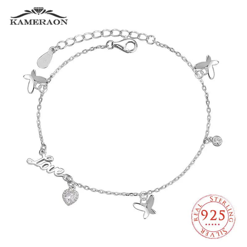 925 Silver LOVE Butterfly CZ Heart Charm Bracelet for Women