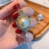 925 Silver Lab Diamonds 16mm Pearl Pendant Necklace Women Anniversary Gift