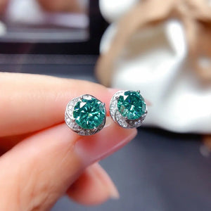 925 Silver Green Moissanite Stud Earrings 9mm Round