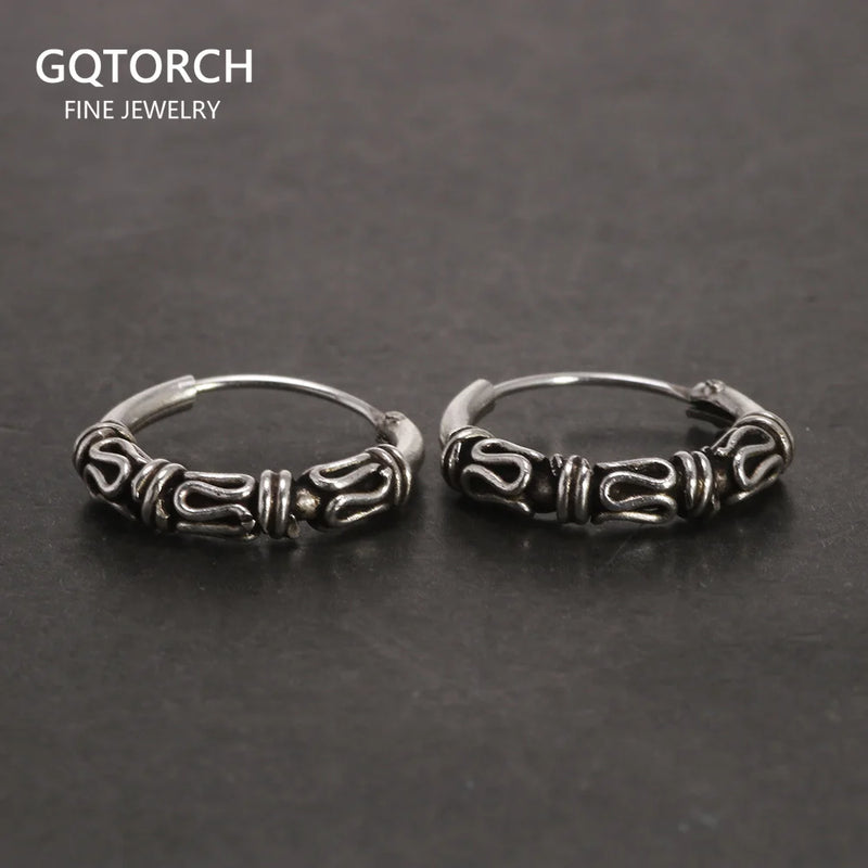 925 Silver Hoop Earrings Retro Style Patterned Round Vintage Jewelry