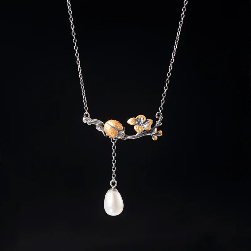 925 Silver Ladybug Flower Pearl Necklace Chinese Style Vintage Jewelry