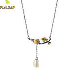 925 Silver Ladybug Flower Pearl Necklace Chinese Style Vintage Jewelry