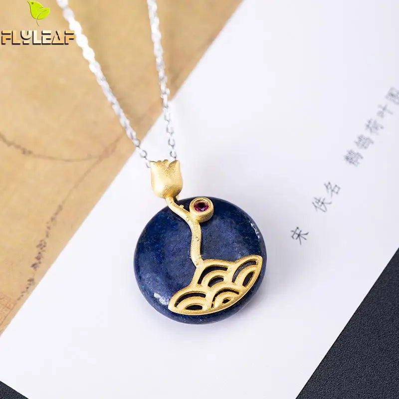 925 Silver Lapis Lazuli Flower Pendant Necklace Women