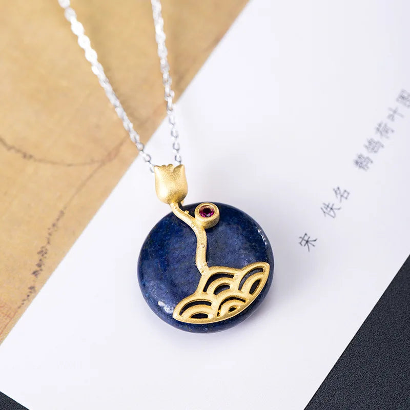 925 Silver Lapis Lazuli Flower Pendant Necklace Women