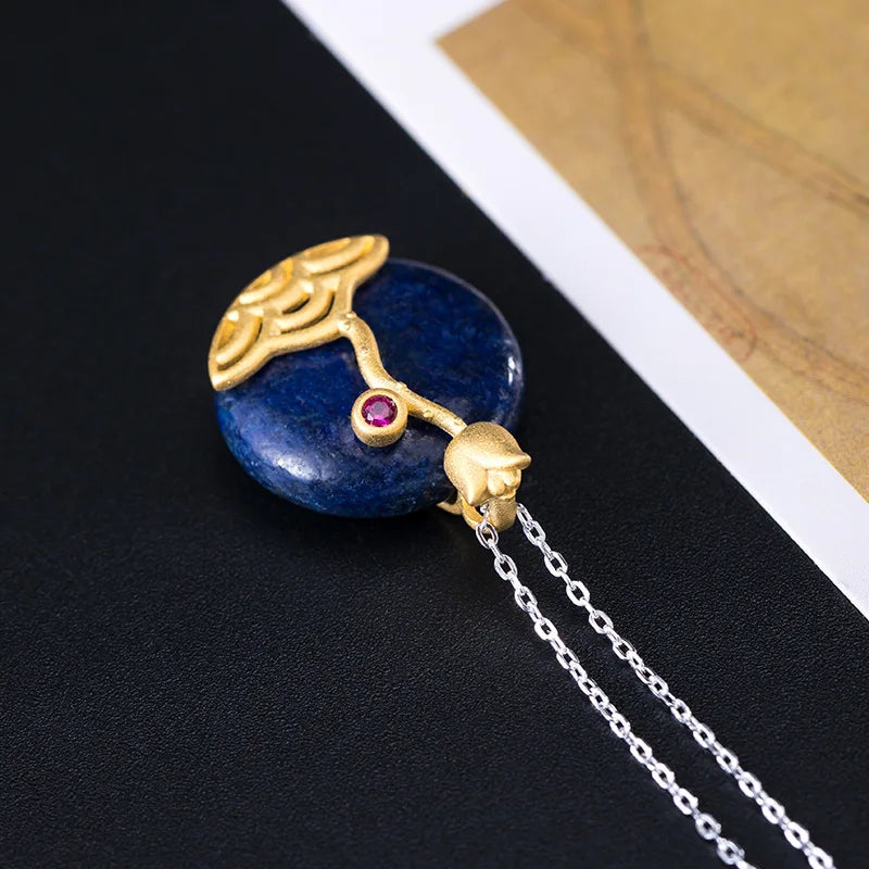 925 Silver Lapis Lazuli Flower Pendant Necklace Women