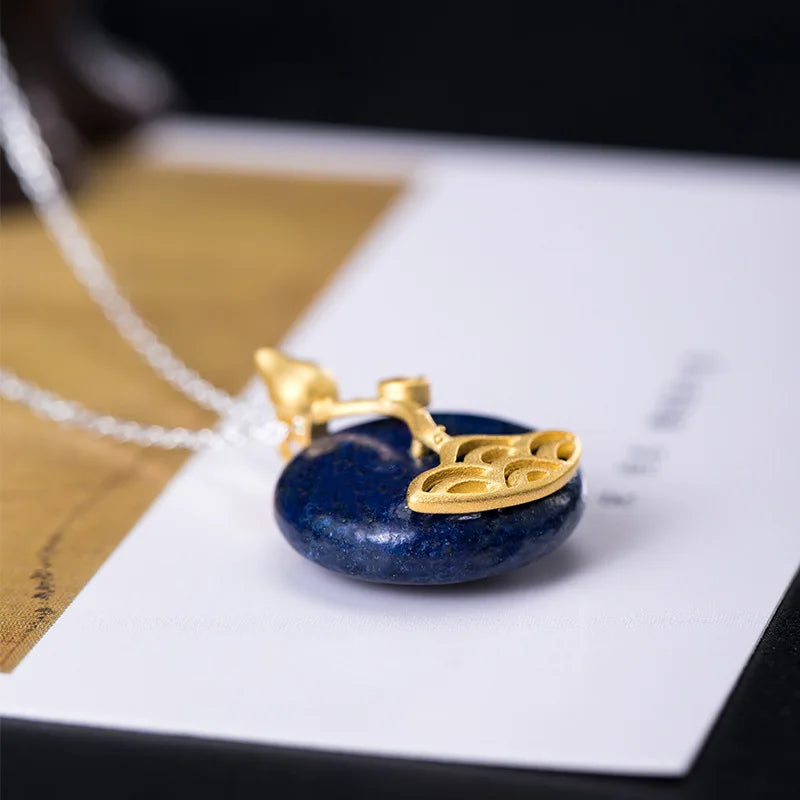 925 Silver Lapis Lazuli Flower Pendant Necklace Women