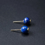 925 Sterling Silver Lapis Lazuli Stud Earrings For Women Retro Style Vintage