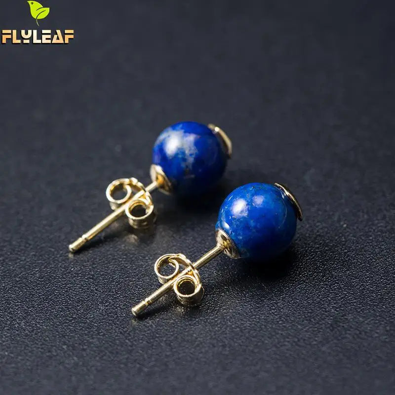 925 Sterling Silver Lapis Lazuli Stud Earrings For Women Retro Style Vintage