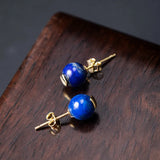 925 Sterling Silver Lapis Lazuli Stud Earrings For Women Retro Style Vintage