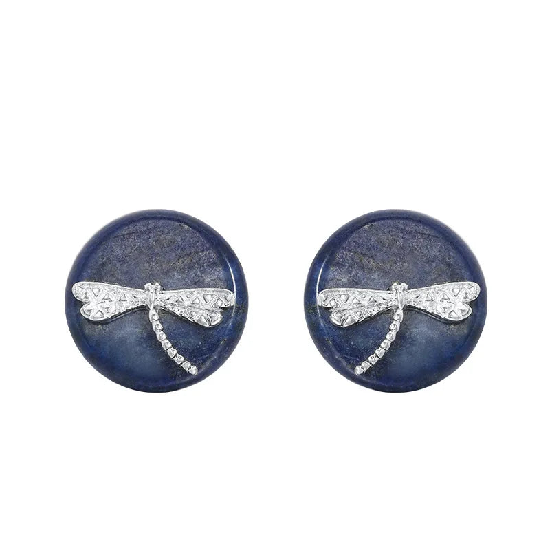 925 Silver Lapis Lazuli Stud Earrings Dragonfly Ethnic Style EH129
