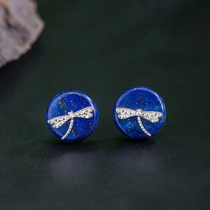 925 Silver Lapis Lazuli Stud Earrings Dragonfly Ethnic Style EH129
