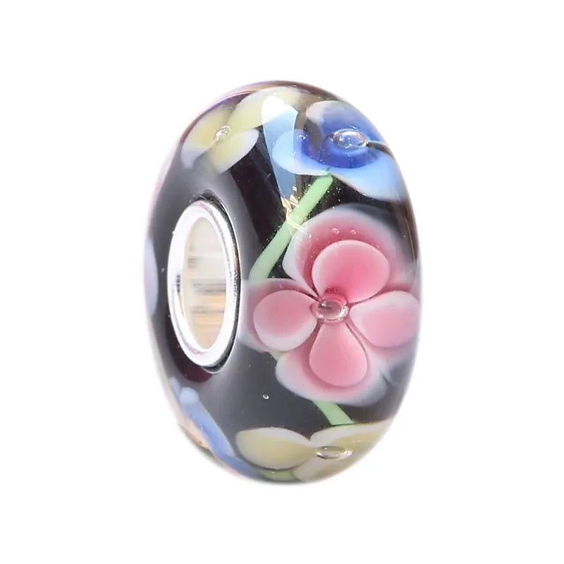 925 Silver 3D Flowers Glass Charm Beads for Bracelet