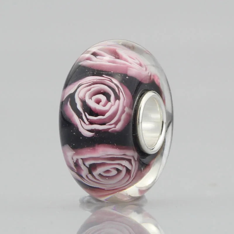 925 Silver Rose Glass Charm Bead Fit European Bracelet
