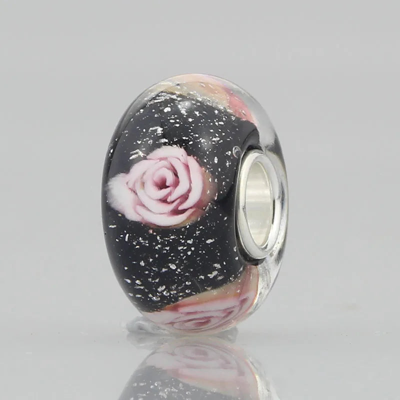 925 Silver Large Hole 3D Rose Foil Glass Charm Beads European Bracelet