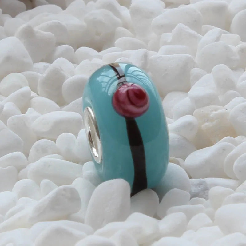 925 Sterling Silver Large Hole Pink Dot Beads Charm Glass Bead