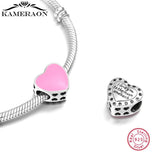 925 Silver Heart Charm Pink Enamel Bead for Bracelet DIY Jewelry