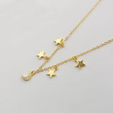925 Silver Layering Crescent Moon Star Dangle Choker Necklace