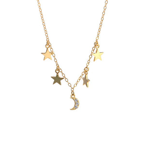 925 Silver Layering Crescent Moon Star Dangle Choker Necklace