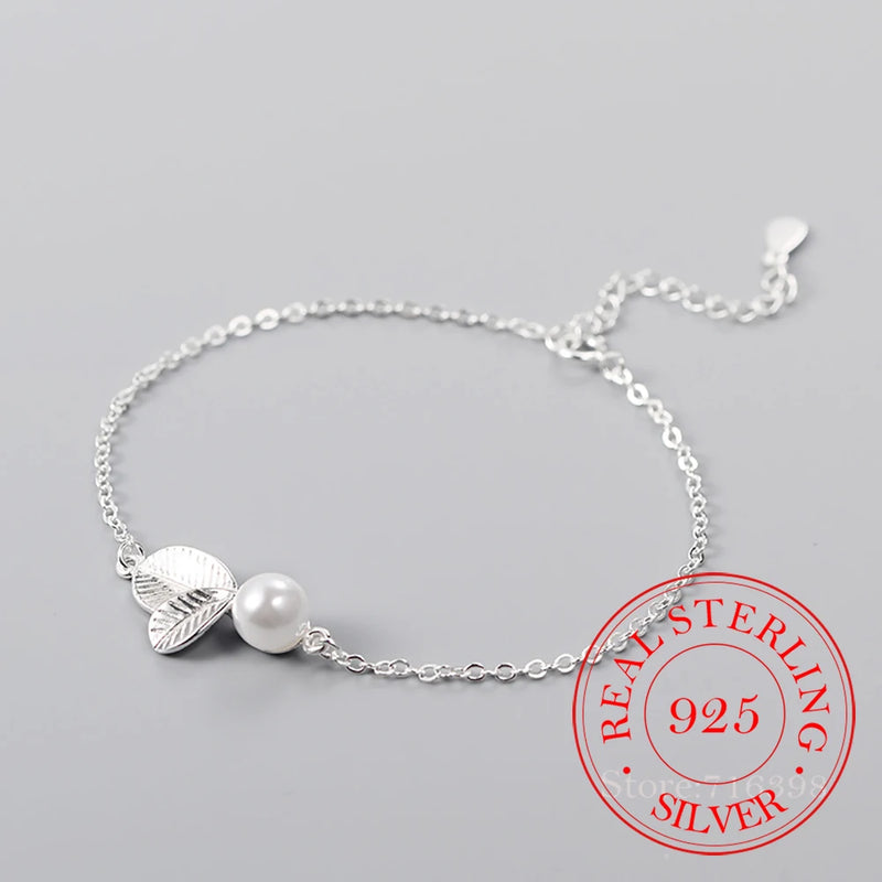 925 Sterling Silver Leaf Charm Bracelet with Pearl - Birthday Gift for Women