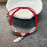 925 Silver Leaf Charm Bracelet Red Thread Adjustable