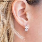 925 Silver Leaf Earring Pave Crystal Hoop Circle Round Minimalist