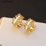 925 Silver Leaf Earring Pave Crystal Hoop Circle Round Minimalist