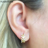 925 Silver Leaf Earring Pave Crystal Hoop Circle Round Minimalist