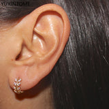 925 Silver Leaf Earring Pave Crystal Hoop Circle Round Minimalist