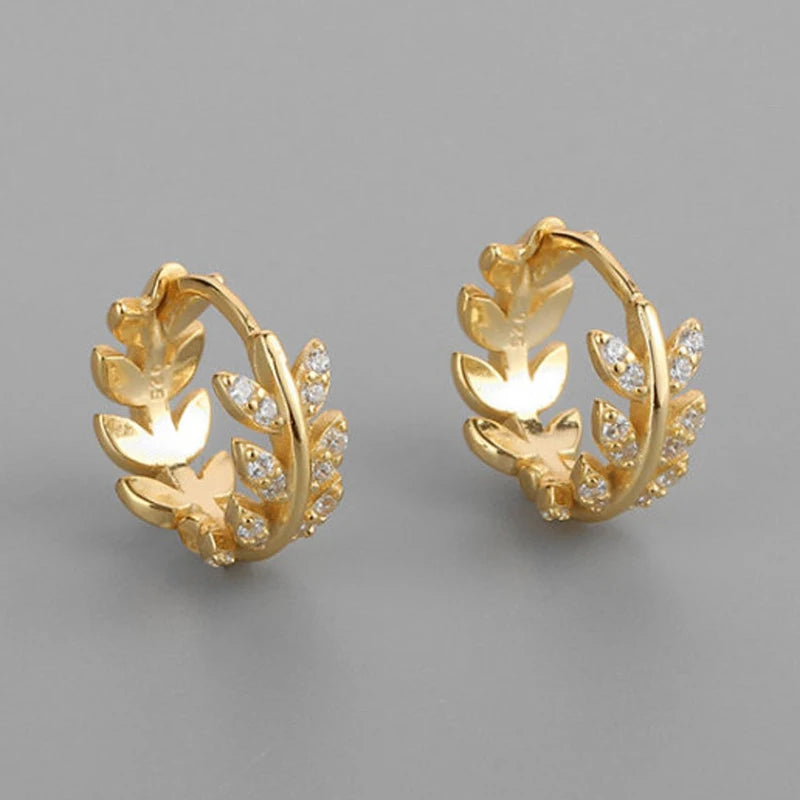 925 Silver Leaf Earring Pave Crystal Hoop Circle Round Minimalist