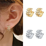 925 Silver Leaf Earring Pave Crystal Hoop Circle Round Minimalist