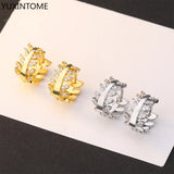 925 Silver Leaf Earring Pave Crystal Hoop Circle Round Minimalist