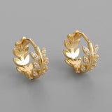 925 Silver Leaf Earring Pave Crystal Hoop Circle Round Minimalist